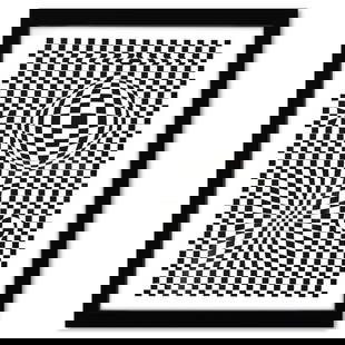 Victor Vasarely (1908-1997), "Vega de la serie Corpusculaires" Framed 1973 Heliogravure Print with: Vega de la serie Corpusculaires is a heliogravure print on paper, published in 1973, by Victor Vasarely (1908-1997). This piece comes custom framed, with a letter of authenticity and with a 1976 Vasar