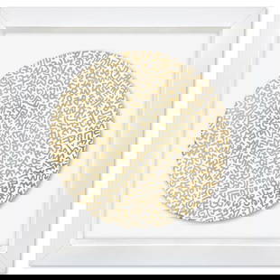Keith Haring (1958-1990), "Gold Pattern" Framed Limoges Porcelain Plate.: Gold Pattern is a Limoges porcelain plate bearing the plate signature inverso of Keith Haring (1958-1990). This plate is custom framed and floated on linen. Measures approx. 15" x 15" (frame), 10" (pl