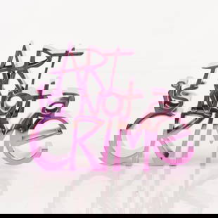 Mr. Brainwash- Resin Sculpture "Art Is Not a Crime (Chrome Pink)": Artist: Mr. Brainwash. Medium: Resin Sculpture. Title: Art Is Not a Crime (Chrome Pink). Size: 8" x 6.5". Signature: Hand Signed and Numbered by the artist. Certificate of Authenticity: Is included. A