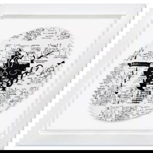 Jean-Michel Basquiat (1960-1988), "Untitled (Return of the Central Figure) 1983" Framed Limoges: Untitled (Return of the Central Figure) 1983 is a Limoges porcelain plate bearing the plate signature inverso of Jean-Michel Basquiat (1960-1988). This plate is custom framed and floated on linen. Mea