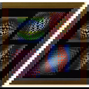 Victor Vasarely (1908-1997), "Vega (Noir, WA-3, WA-2) & Ond - Fire de la série Vega" Framed 1971: Vega (Noir, WA-3, WA-2) & Ond - Fire de la série Vega is a heliogravure print on paper, published in 1971, by Victor Vasarely (1908-1997). This piece comes custom framed, with a letter of authenticit
