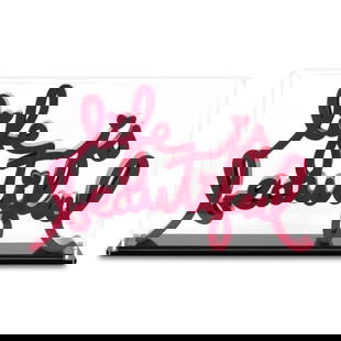 Mr. Brainwash- Resin Sculpture with Display Case "Life is Beautiful (Neon Pink)": Artist: Mr. Brainwash. Medium: Resin Sculpture with Display Case. Title: Life is Beautiful (Neon Pink). Size: 7" x 12". Signature: Hand Signed and Numbered by the artist. Certificate of Authenticity: