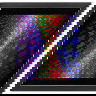 Victor Vasarely (1908-1997), "Reech de la série Structures Universelles De L'Octogone" Framed 1975: Reech de la série Structures Universelles De L'Octogone is a heliogravure print on paper, published in 1975, by Victor Vasarely (1908-1997). This piece comes custom framed, with a letter of authentic