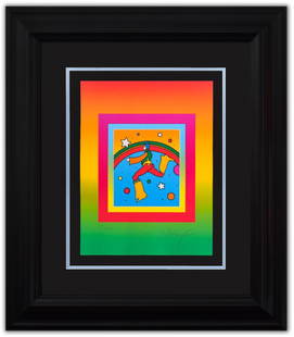 Peter Max- Original Lithograph "Cosmic Jumper on Blends": Artist: Peter Max. Medium: Original Lithograph. Title: Cosmic Jumper on Blends. Size: 17" x 13". Measures approx. 32" x 28" (framed). Signature: Hand Signed and Numbered by the artist. Certificate of