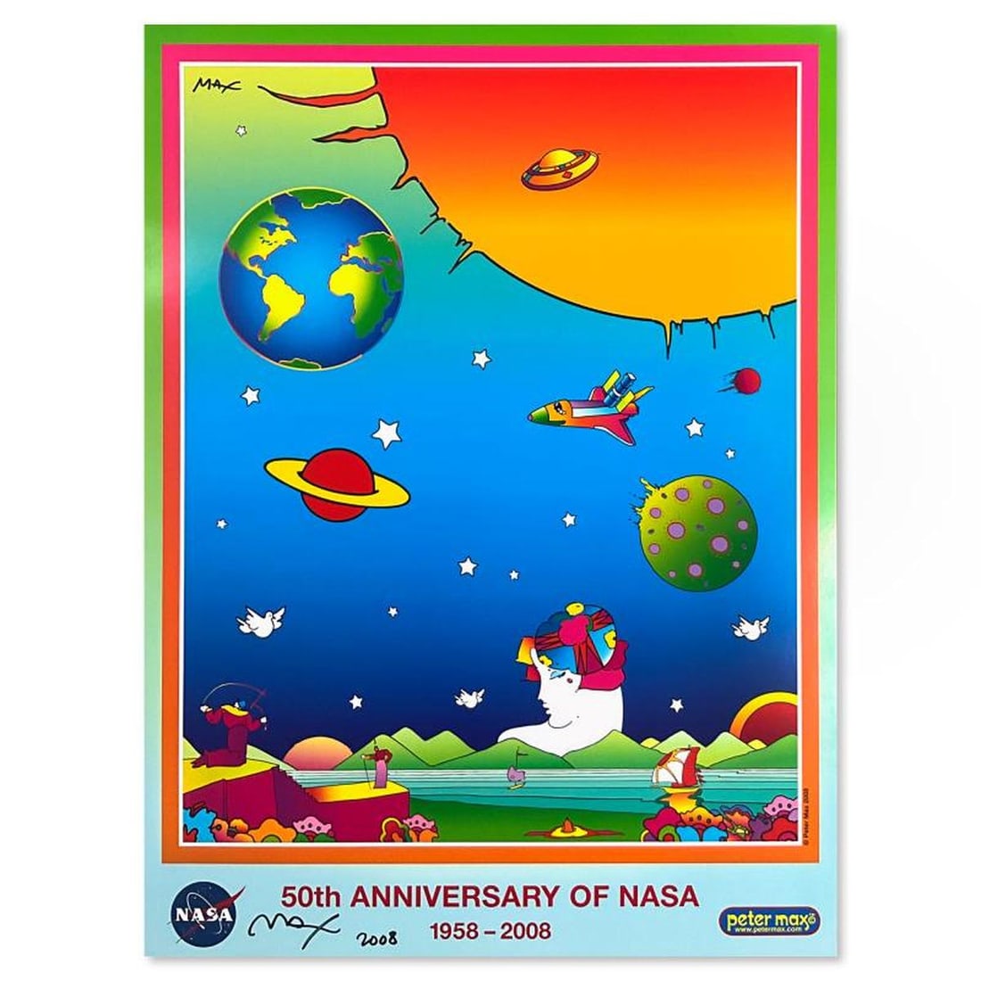 Peter Max, "NASA 50th Anniversary" Hand Signed Poster with Letter of Authenticity. (1 of 2)