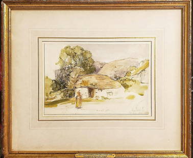 John Frederick Lewis 1805-1876- Original graphite & watercolor on wove paper "Cottages at Taynault: Artist: John Frederick Lewis 1805-1876. Medium: Original graphite & watercolor on wove paper. Title: Cottages at Taynault Argyll. Size: 7 1/4" x 10.5". Measures approx. 16" x 18.5" (framed). Signature