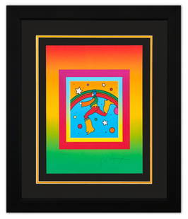 Peter Max- Original Lithograph "Cosmic Jumper on Blends": Artist: Peter Max. Medium: Original Lithograph. Title: Cosmic Jumper on Blends. Size: 17" x 13". Measures approx. 28" x 24" (framed). Signature: Hand Signed and Numbered by the artist. Certificate of