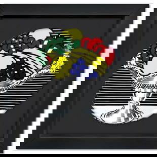 Roy Lichtenstein (1923-1997), "Still Life with Crystal Bowl" Framed Limoges Porcelain Plate.: Still Life with Crystal Bowl is a Limoges porcelain plate featuring art by Roy Lichtenstein (1923-1997). This plate is custom framed and floated on linen. Measures approx. 16" x 16" (frame), 11" (plat