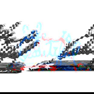Mr Brainwash- Acrylic Dipped and Splashed Cast Resin Sculpture in Plexiglass Enclosure "Life Is: Artist: Mr Brainwash. Medium: Acrylic Dipped and Splashed Cast Resin Sculpture in Plexiglass Enclosure. Title: Life Is Beautiful - Dipped Dark Blue Splash, 2020. Size: 6" x 10.5". Signature: Signed an