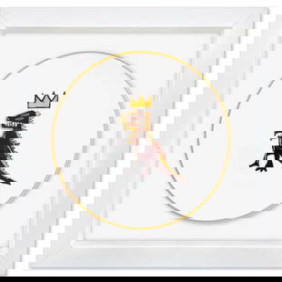 Jean-Michel Basquiat (1960-1988), "Pez Dispenser 1984" Framed Limoges Porcelain Plate.: Pez Dispenser 1984 is a Limoges porcelain plate bearing the plate signature inverso of Jean-Michel Basquiat (1960-1988). This plate is custom framed and floated on linen. Measures approx. 16" x 16" (f