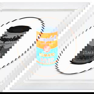 Andy Warhol (1928-1987), "Campbell (Orange/Blue)" Framed Limoges Porcelain Plate.: Campbell (Orange/Blue) is a Limoges porcelain plate bearing the plate signature inverso of Andy Warhol (1928-1987). This plate is custom framed and floated on linen. Measures approx. 13.5" x 13.5" (fr
