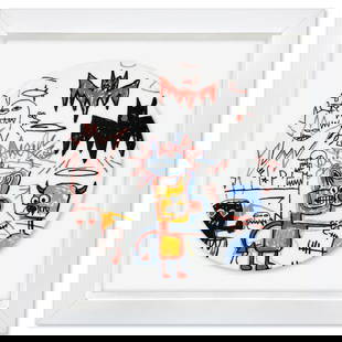 Jean-Michel Basquiat (1960-1988), "Batman 1983" Framed Limoges Porcelain Plate.: Batman 1983 is a Limoges porcelain plate bearing the plate signature inverso of Jean-Michel Basquiat (1960-1988). This plate is custom framed and floated on linen. Measures approx. 16" x 16" (frame),