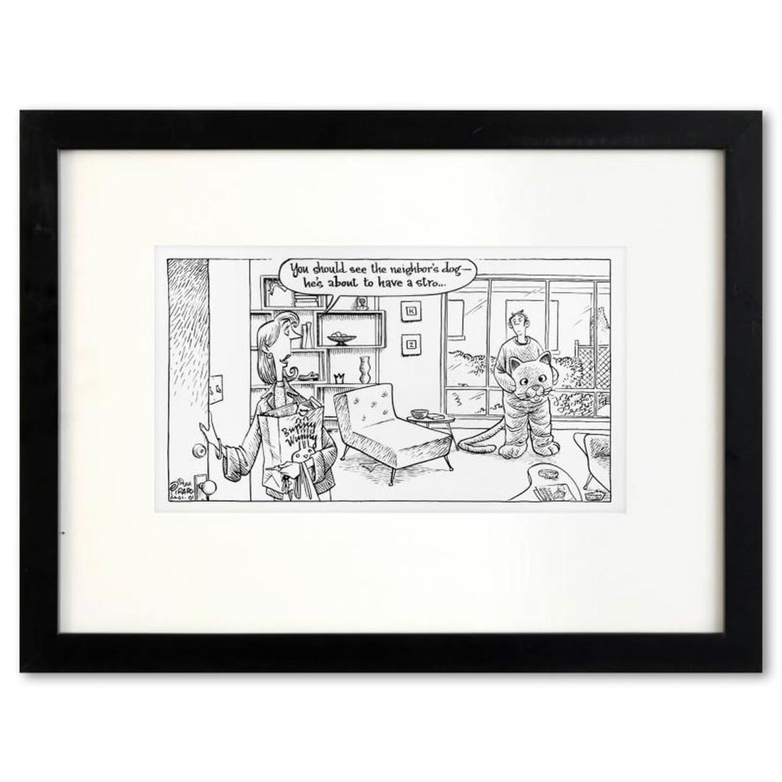 Bizarro, "Dog Stroke" is a Framed Original Pen & Ink Drawing by Dan Piraro, Hand Signed with Letter (1 of 1)