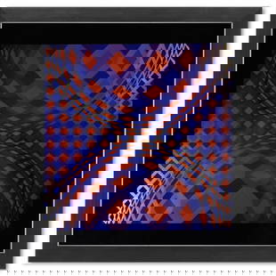 Victor Vasarely (1908-1997), "Ondocto - X de la série Structures Universelles De L'Octogone" Framed: Ondocto - X de la série Structures Universelles De L'Octogone is a heliogravure print on paper, published in 1975, by Victor Vasarely (1908-1997). This piece comes custom framed, with a letter of aut