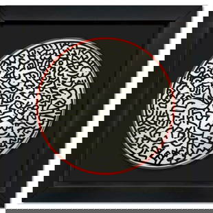 Keith Haring (1958-1990), "Pattern" Framed Limoges Porcelain Plate.: Pattern is a Limoges porcelain plate bearing the plate signature inverso of Keith Haring (1958-1990). This plate is custom framed and floated on linen. Measures approx. 13.5" x 13.5" (frame), 8.5" (pl
