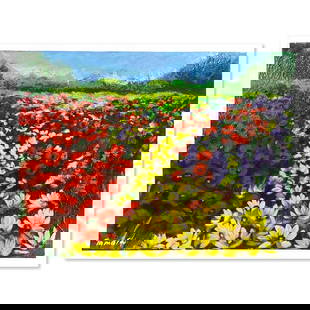 Tamara Spolianski, "Flower Landscape I" Hand Signed, Numbered Limited Edition Serigraph with Letter: Flower Landscape I is a limited edition serigraph on paper by Tamara Spolianski. The piece comes hand signed by the artist, numbered, and with a letter of authenticity. Measures approximately 10" x 13