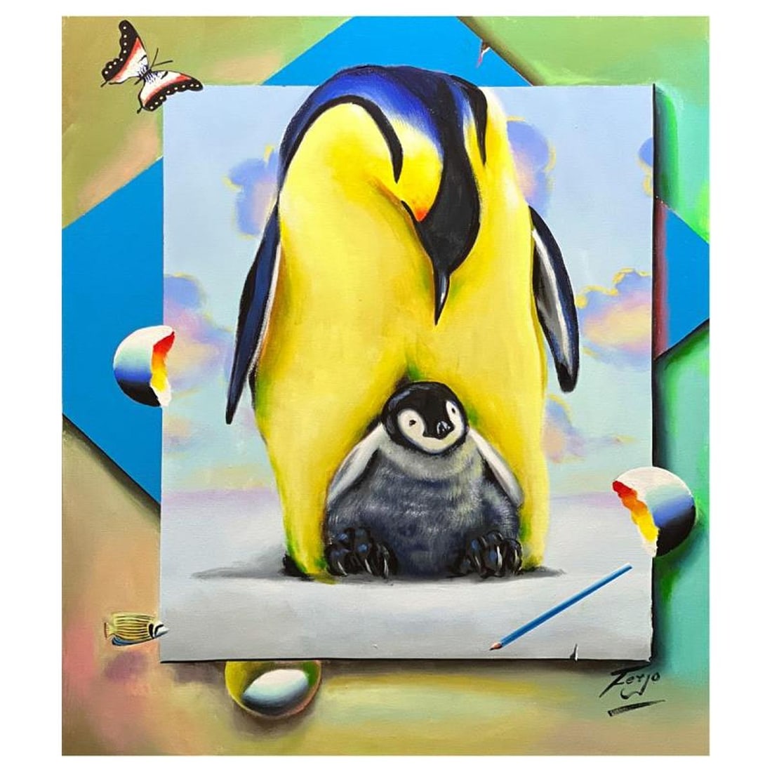 Ferjo "Penguin Love" Hand Signed Original Painting on Canvas with Letter of Authenticity.: Penguin Love is an original painting, oil on stretched canvas, by Ferjo. Hand signed by the artist, this piece comes with a letter of authenticity. Measures approximately 30" x 24" (image). Reference#