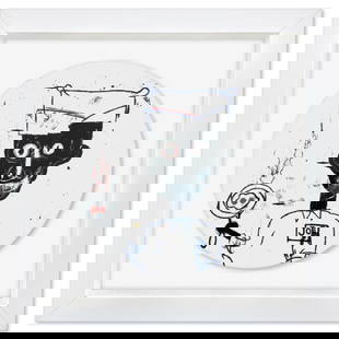 Jean-Michel Basquiat (1960-1988), "Eyes and Eggs 1983" Framed Limoges Porcelain Plate.: Eyes and Eggs 1983 is a Limoges porcelain plate bearing the plate signature inverso of Jean-Michel Basquiat (1960-1988). This plate is custom framed and floated on linen. Measures approx. 16" x 16" (f