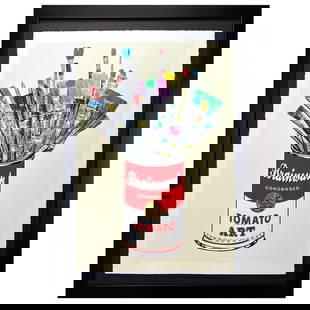 Mr. Brainwash- Unique and Hand-Finished Silk Screen "Tomato Pop (Off-White)": Artist: Mr. Brainwash. Medium: Unique and Hand-Finished Silk Screen. Title: Tomato Pop (Off-White). Size: 30" x 22". Measures approx. 42" x 34" (framed). Signature: Hand signed, numbered, and thumb-pr