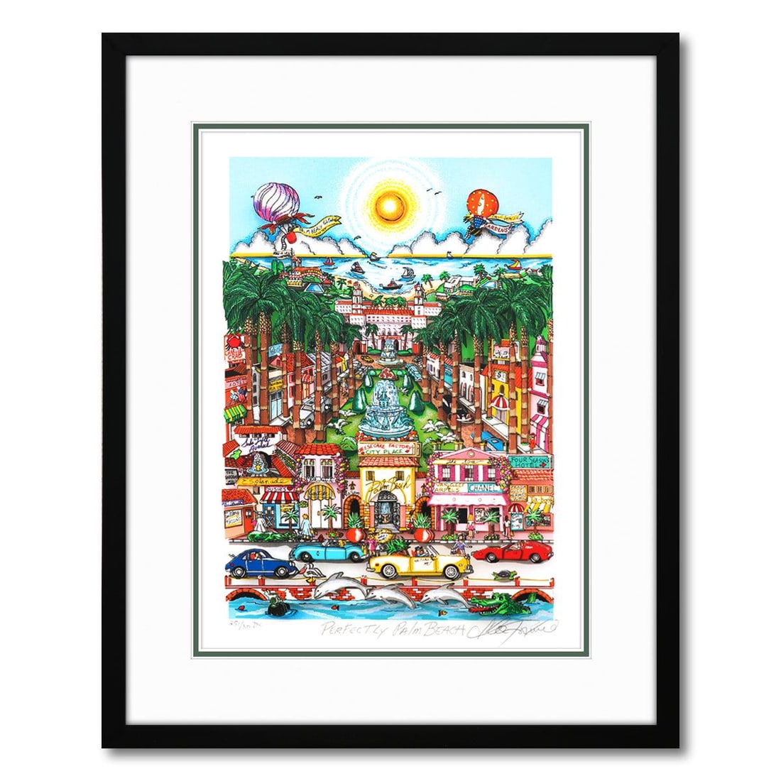 Charles Fazzino- 3D Construction Silkscreen Serigraph "Perfectly Palm Beach": Artist: Charles Fazzino. Medium: 3D Construction Silkscreen Serigraph. Title: Perfectly Palm Beach. Size: 17" x 13". Measures approx. 29" x 19" (framed). Signature: Hand Signed and Numbered. Certifica