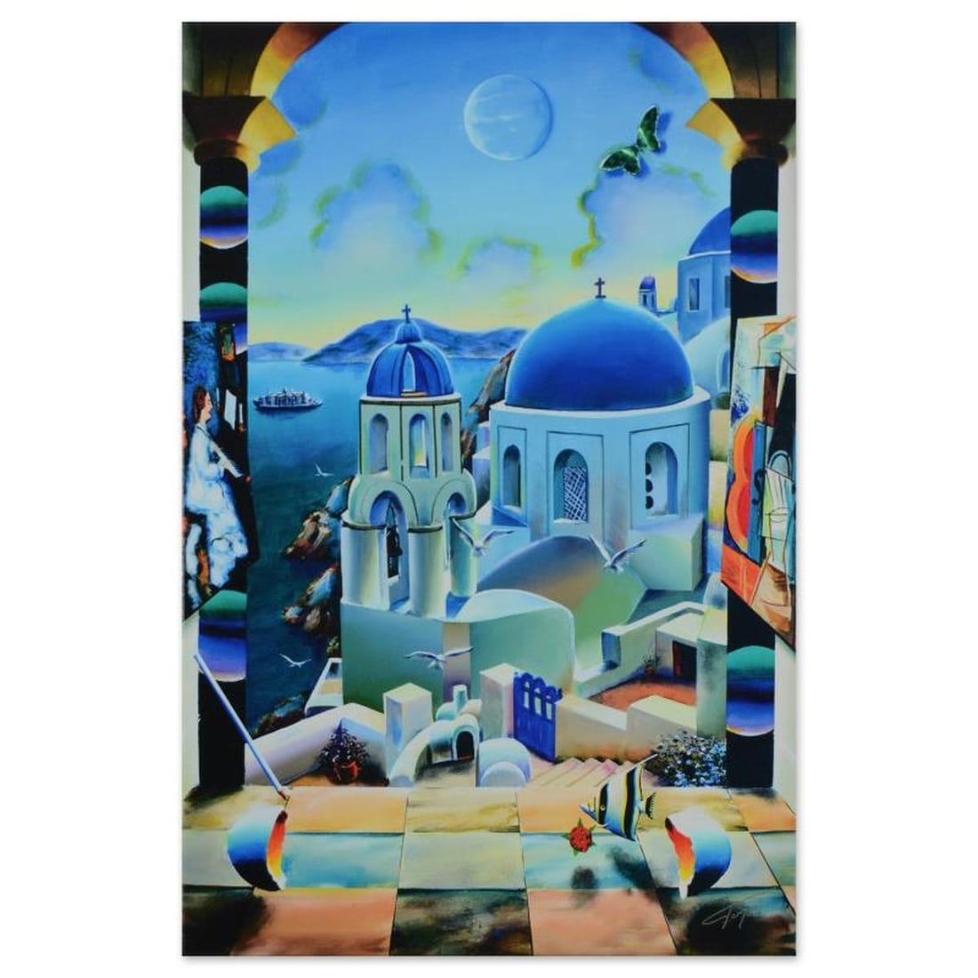 Ferjo, "Cruising to Santorini" Limited Edition on Gallery Wrapped Canvas, Numbered and Signed with: Cruising to Santorini is a limited edition giclee on canvas, bearing Ferjo's authorized signature. This piece comes gallery wrapped. Includes Letter of Authenticity. Measures approx. 16" x 24" (image)