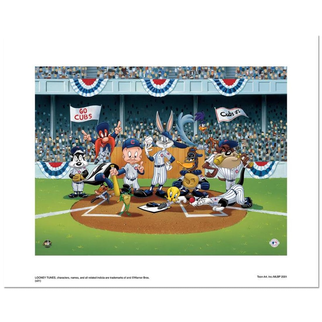Line Up At The Plate (Cubs) is a Limited Edition Giclee from Warner Brothers with Hologram Seal and: Line Up At The Plate (Cubs) is a limited edition giclee on paper from Warner Brothers featuring iconic Looney Tunes characters in Chicago Cubs MLB uniforms. It comes numbered, with hologram seal, and 