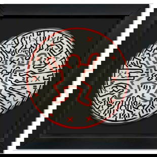 Keith Haring (1958-1990), "Enfant" Framed Limoges Porcelain Plate.: Enfant is a Limoges porcelain plate bearing the plate signature inverso of Keith Haring (1958-1990). This plate is custom framed and floated on linen. Measures approx. 13.5" x 13.5" (frame), 8.5" (pla