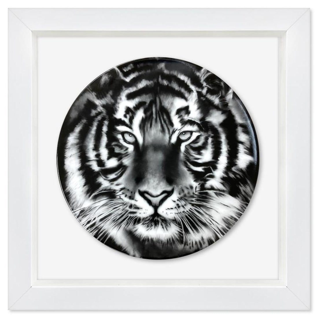 Robert Longo, "Tiger" Framed Limoges Porcelain Plate.: Tiger is a Limoges porcelain by Robert Longo. This plate is custom framed and floated on linen. Measures approx. 16" x 16" (frame), 11" (plate diameter). Reference#: 77716.