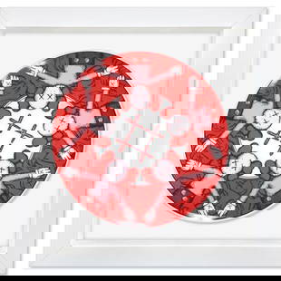 KAWS, Framed Porcelain Plate, Estate Stamped Inverso.: This is a porcelain plate by KAWS, stamped inverso by the artist's estate. This plate is custom framed and floated on linen. Measures approx. 14.5" x 14.5" (frame), 9" (plate diameter). Reference#: 77
