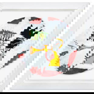 Jean-Michel Basquiat (1960-1988), "Trumpet 1984" Framed Limoges Porcelain Plate.: Trumpet 1984 is a Limoges porcelain plate bearing the plate signature inverso of Jean-Michel Basquiat (1960-1988). This plate is custom framed and floated on linen. Measures approx. 16" x 16" (frame),