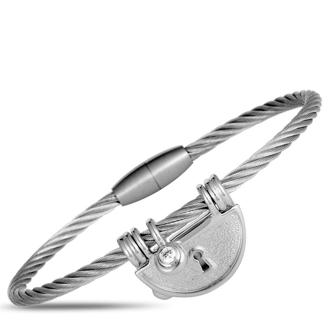 CHARRIOL MY HEART STERLING SILVER AND CUBIC ZIRCONIA BANGLE BRACELET: Boasting intriguing cable design and decorated with a beautifully envisioned keyhole charm accentuated by a sparkling white cubic zirconia, this fascinating My Heart bracelet from Charriol will add an