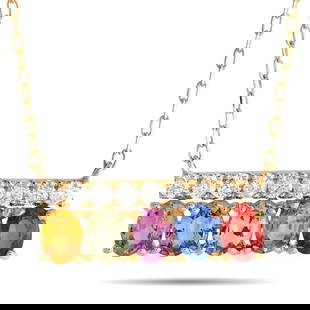 18K YELLOW GOLD 0.17CT DIAMOND AND MULTICOLORED SAPPHIRE NECKLACE: A series of sparkling diamonds totaling 0.17 carats are paired with an array of multicolored sapphire gemstones totaling 1.10 carats on this impeccably crafted necklace. Crafted from 18K Yellow Gold,