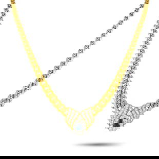 18K YELLOW GOLD 2.75CT DIAMOND AND SAPPHIRE NECKLACE: This opulent luxury necklace is a piece that is worthy of even your most special occasions. On this elegant design, a pendant measuring 0.90 long by 1.0 wide is suspended at the center of a graduated