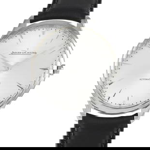 JAEGER-LECOULTRE MASTER ULTRA THIN WATCH: The perfect example of less is more. The Jaeger-LeCoultre Master Ultra Thin ref. Q1338421 is a time-only watch in steel, dressed with a silver dial in a fine sunray finish and a black leather strap. I