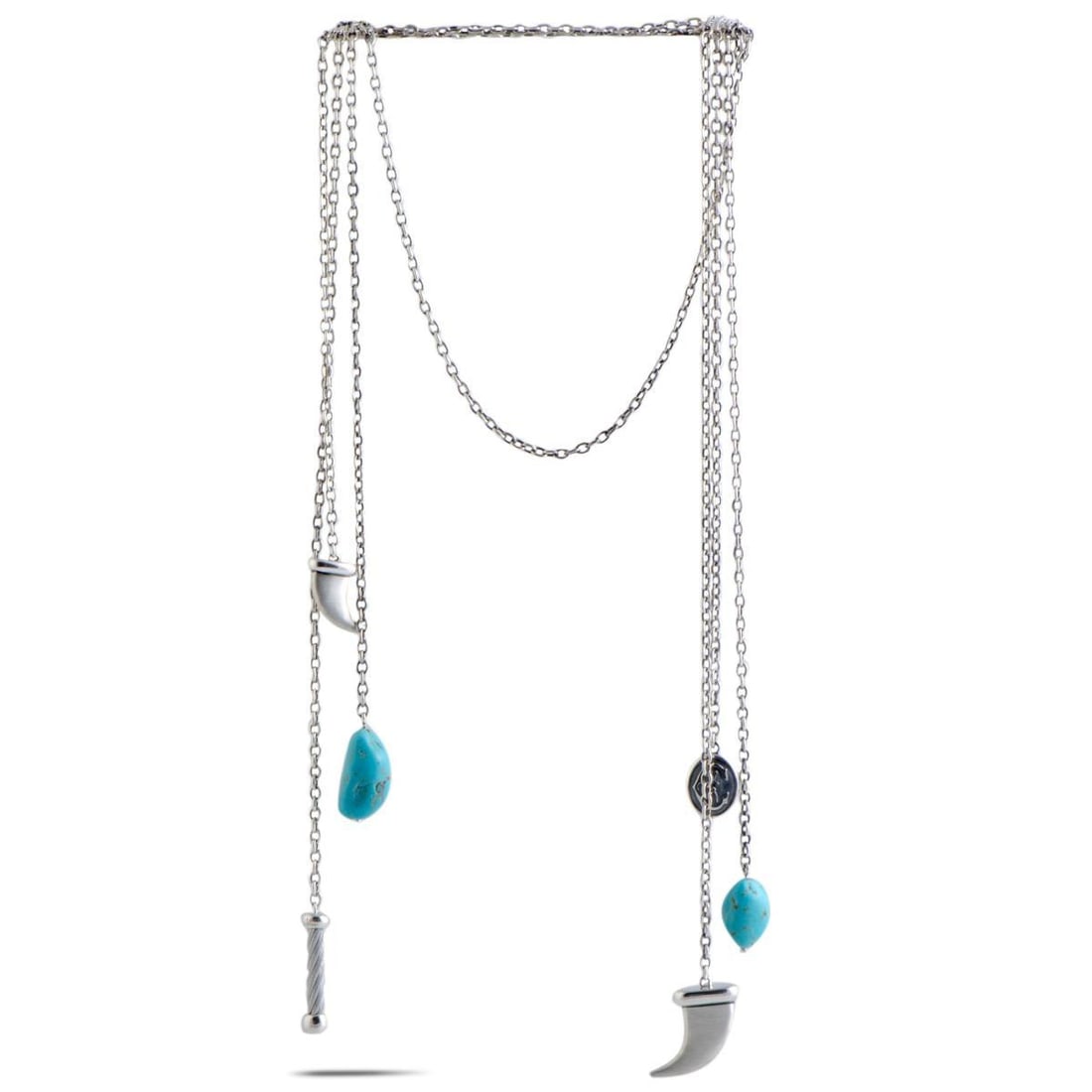 CHARRIOL KUCHA STAINLESS STEEL TWO TURQUOISE AND HORN PENDANTS OPEN ENDED NECKLACE: Embellished with attractive pendants and enticing turquoise stones, this extraordinarily designed Kucha necklace from Charriol offers an intriguingly fashionable look. The necklace is beautifully made