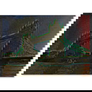 Steve Kaufman (1960-2010), "Tower Bridge" Hand Painted, Hand Pulled Limited Edition Silkscreen on: Tower Bridge is a hand painted, hand pulled limited edition silkscreen on canvas by Andy Warhol protege, Steve Kaufman (1960-2010). This piece is Numbered 10/50 and hand signed inverso by the artist.