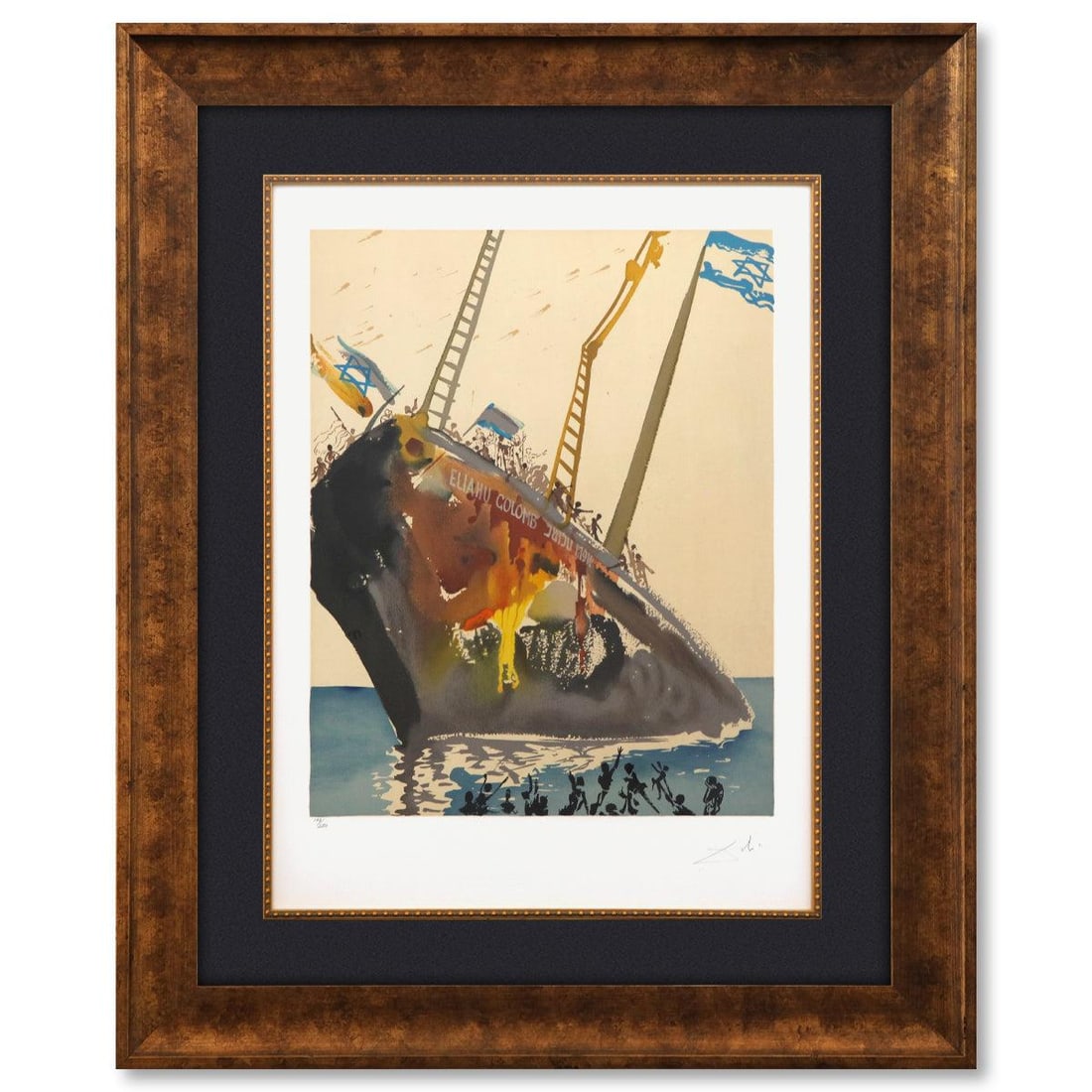 Salvador Dali- Original Lithograph "On the shores of Freedom": Artist: Salvador Dali. Medium: Original Lithograph. Title: On the shores of Freedom. Size: 25" x 19". Measures approx. 36" x 29" (framed). Signature: Signed and numbered in pencil. Certificate of Auth