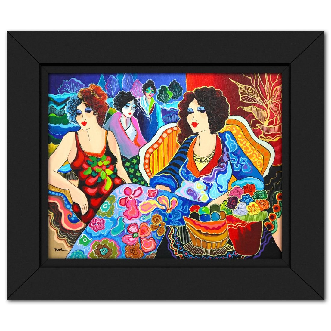 Patricia Govezensky- Original Acrylic on Canvas "Secrets Over Wine": Artist: Patricia Govezensky. Medium: Original Acrylic on Canvas. Title: Secrets Over Wine. Size: 16" x 20". Measures approx. 22.5" x 26.5" (framed). Signature: Hand signed. Certificate of Authenticity