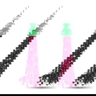 11.50CT BRIOLETTE DIAMOND, RUBY AND JADE TASSEL EARRINGS: Steal the show regardless of what you're wearing with these tassel earrings. The pair features bezel-set diamonds with triangular facets connected to shapely jade gemstones from where strings of rubie