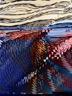 Andy Warhol- Silk Screen "Munch's 'The Scream' - Orange": Artist: Andy Warhol. Medium: Silk Screen. Title: Munch's 'The Scream' - Orange. Size: 35" x 25". Certificate of Authenticity: From the publisher. Additional: The piece is stamped in blue on the back w