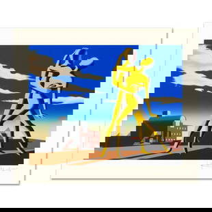 Mark Kostabi, "Yesterday's Here" Limited Edition Serigraph, Numbered and Hand Signed with: Yesterday's Here is a limited edition serigraph on paper, numbered and hand signed by Kostabi. Includes Certificate of Authenticity! Measures approx. 35.5" x 27.5" (with border), 29.5" x 21.5" (image)