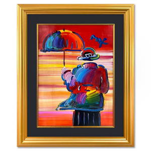Peter Max, "Umbrella Man" Framed One-of-a-Kind Mixed Media, Hand Signed with Registration Number