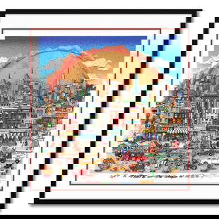 Charles Fazzino- 3D Construction Silkscreen Serigraph "Get a Taste of the World in NYC": Artist: Charles Fazzino. Medium: 3D Construction Silkscreen Serigraph. Title: Get a Taste of the World in NYC. Size: 25" x 24". Measures approx. 31" x 30" (framed). Signature: Hand Signed and Numbered