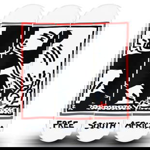 Keith Haring (1958-1990), "Free South Africa" Skateboard Triptych Set, Plate Signed with Letter of: Free South Africa is a skateboard triptych set by Keith Haring (1958-1990), bearing the plate signature of the artist inverso. Includes Letter of Authenticity. Measures approx. 32" x 24" (skateboards)