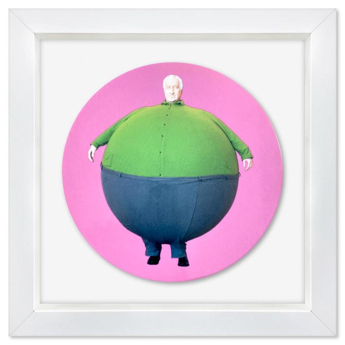 Erwin Wurm, "The Artist Who Swallowed the World" Framed Limoges Porcelain Plate.: The Artist Who Swallowed the World is a Limoges porcelain plate bearing the plate signature inverso of Keith Haring (1958-1990). This plate is custom framed and floated on linen. Measures approx. 16"