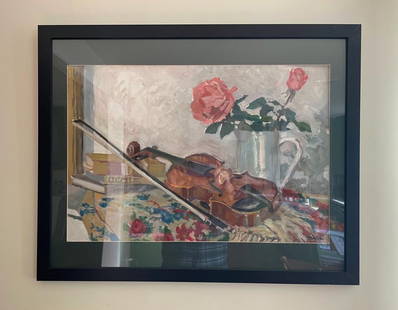 Boris Tyomkin- Original Painting "Roses and Violin": Artist: Boris Tyomkin. Medium: Original Painting. Title: Roses and Violin. Size: 16" x 25". Signature: Hand Signed by the artist. Reference#: 55271.