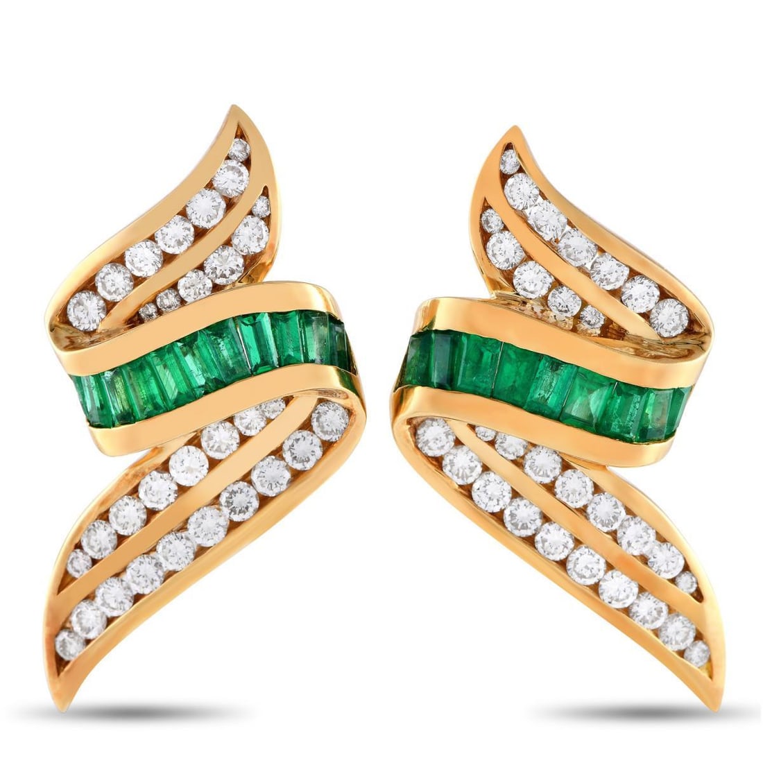 CHARLES KRYPELL 18K YELLOW GOLD 2.50CT DIAMOND AND EMERALD EARRINGS: These stunning Charles Krypell earrings possess a distinct sense of movement. Each one features a gracefully curved 18K Yellow Gold setting that measures 1.25 long and .75 wide. Sparkling diamonds wit