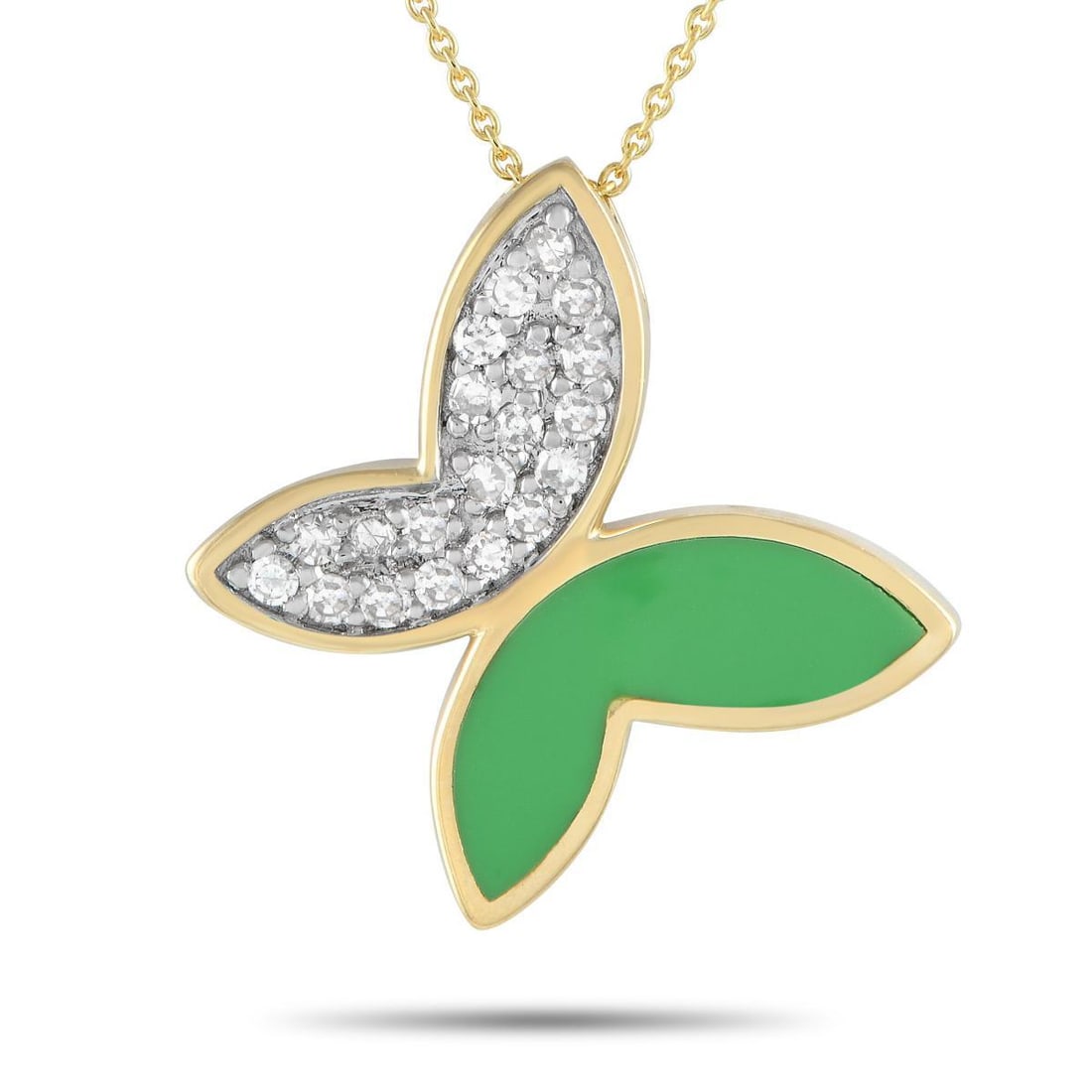 14K YELLOW GOLD 0.15CT DIAMOND BUTTERFLY PENDANT NECKLACE: Inset Diamonds totaling 0.15 carats and a brilliant green inlaid accent make this 14K Yellow Gold necklace impossible to ignore. Charming and elegant, the butterfly shaped pendant measures 0.75 round 