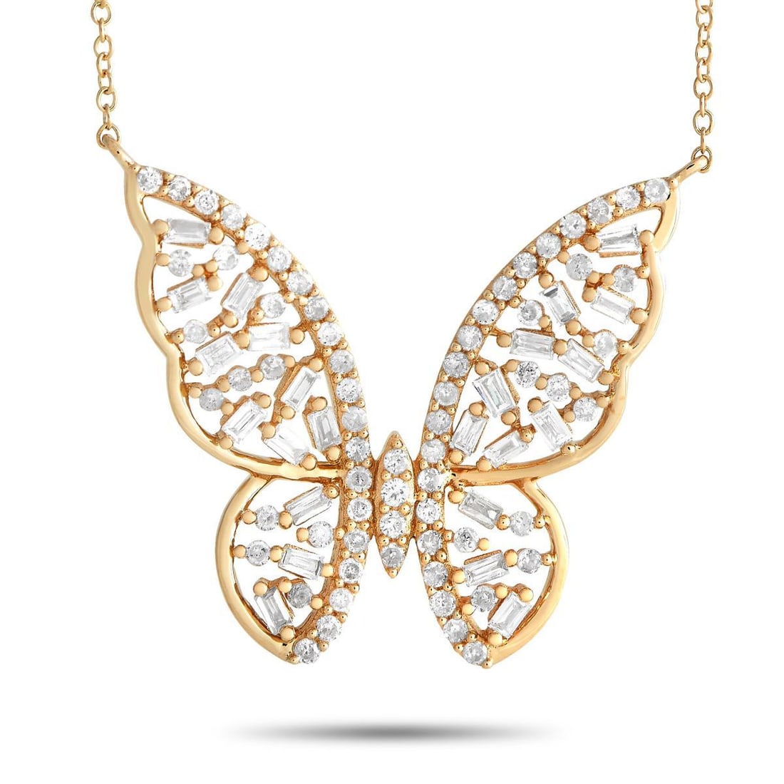 14K YELLOW GOLD 0.60CT DIAMOND BUTTERFLY NECKLACE: A delicate butterfly shaped pendant serves as a stunning focal point on this exquisite luxury necklace. Sparkling diamonds with a total weight of 0.60 carats adorn the 14K yellow gold setting and are 