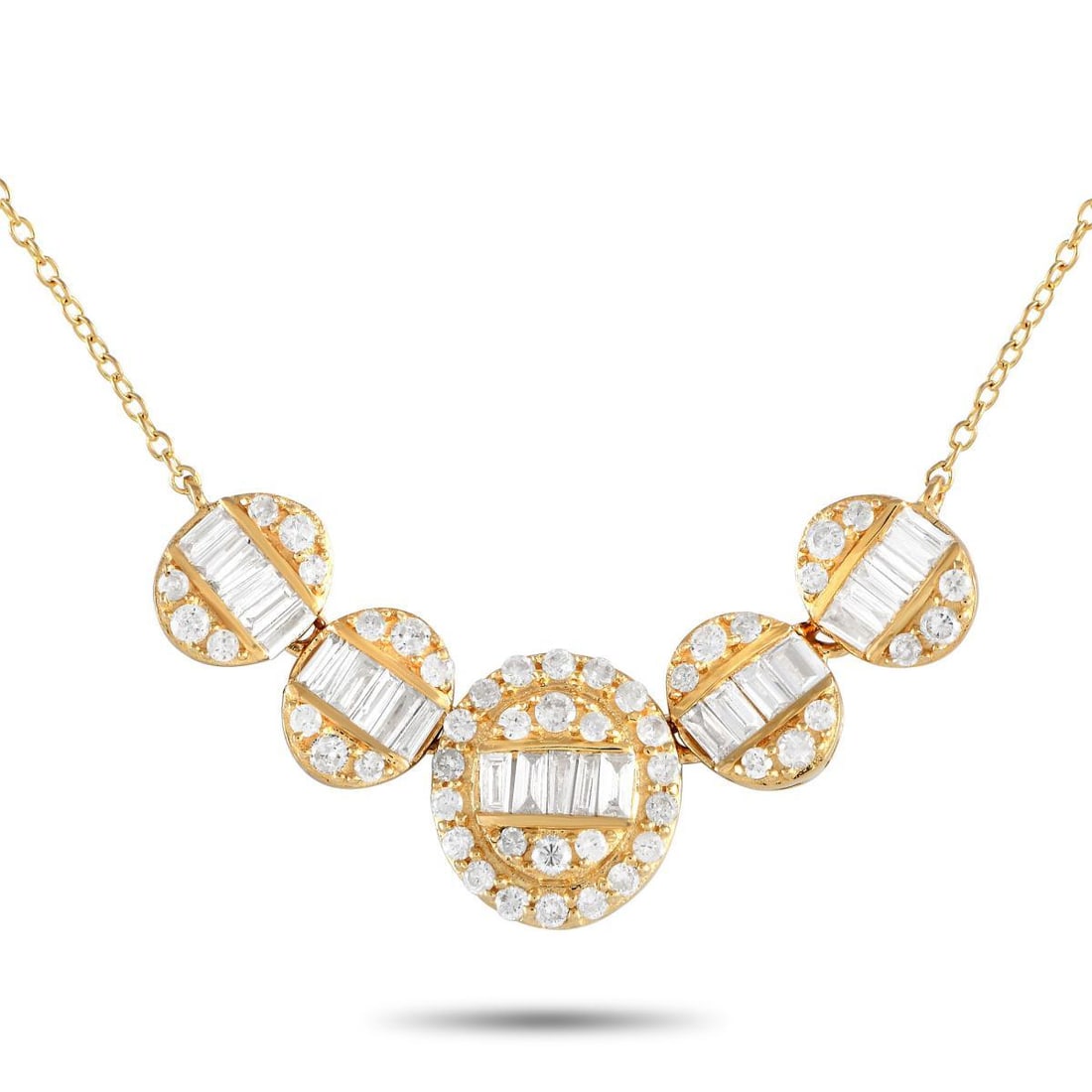 14K YELLOW GOLD 0.60CT DIAMOND NECKLACE: Round-cut diamonds and diamond baguettes totaling 0.60 carats make this necklace simply unforgettable. Crafted from 14K Yellow Gold, this pieces stunning pendant measures 0.45 long by 1.15 wide and is